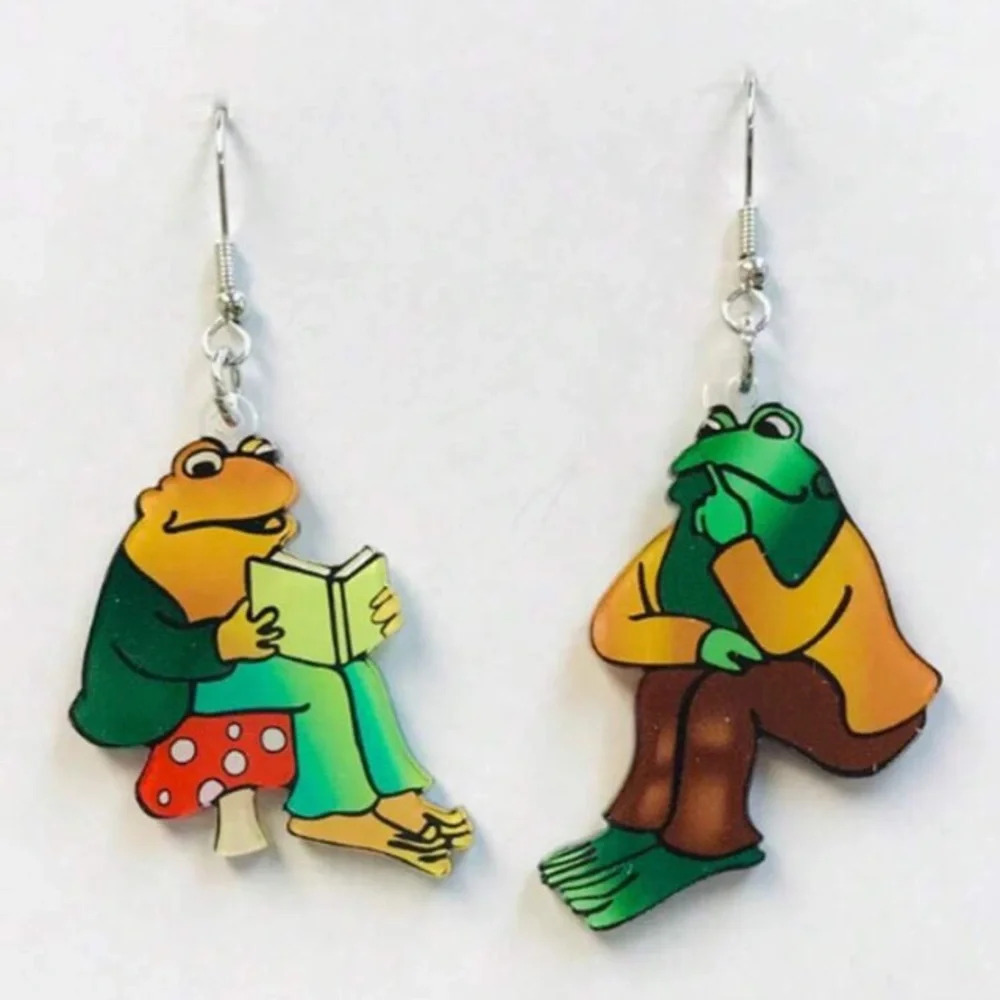 Multicolored reading frog clothed mushroom dangle drop earrings cottagecore